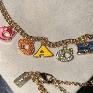Coach Gold Necklace with Colorful shimmer Letter charms 16”+2” extender EUC